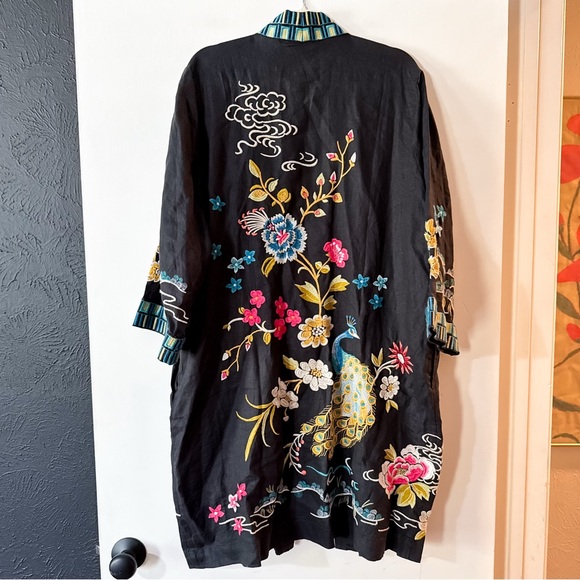Johnny Was Celina Linen Kimono Coat Jacket Black Peacock Embroidered Size XL - Picture 8 of 11